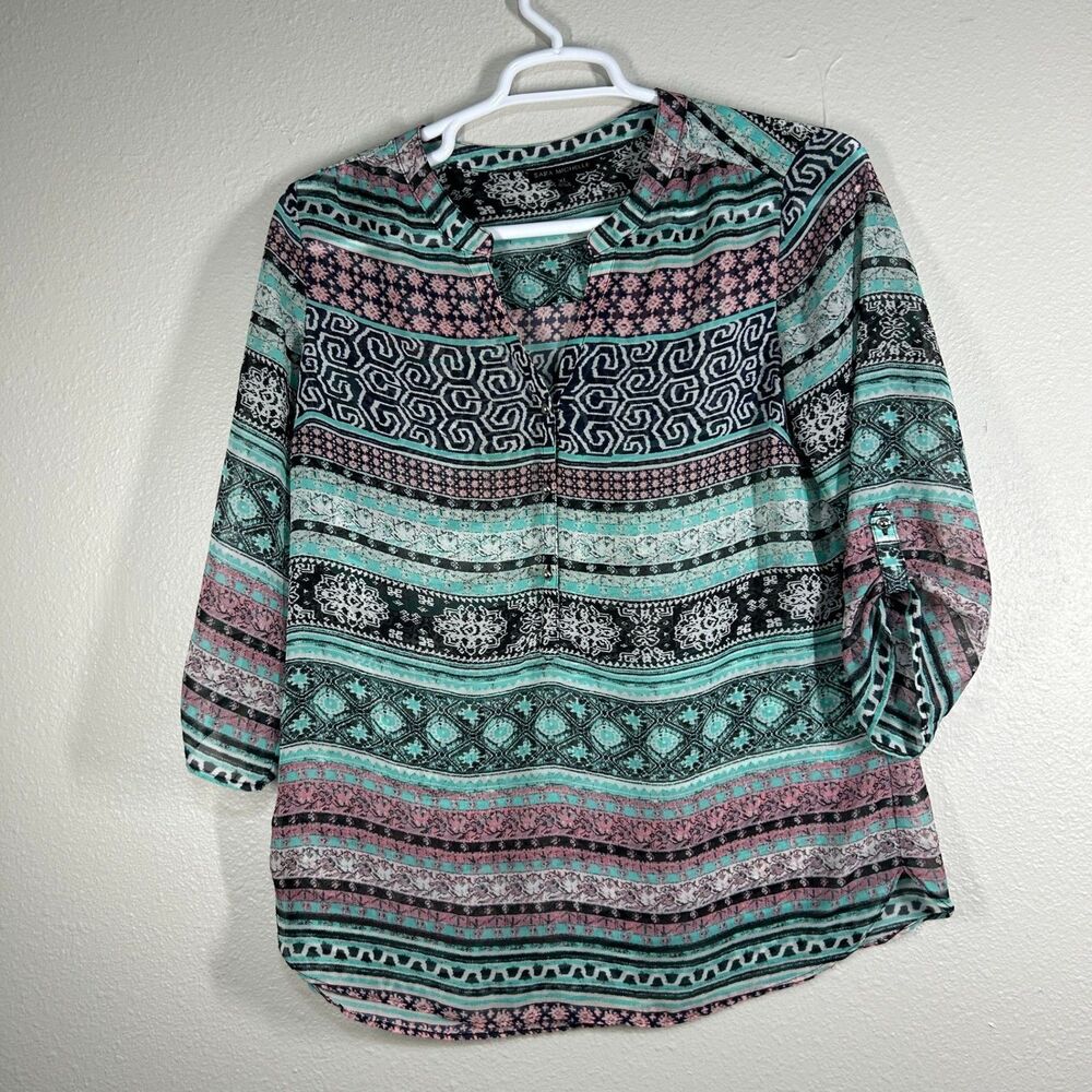 Sara Michelle Blouse Womens XL Striped Tribal Print 3/4 Roll Tab Sleeve Teal